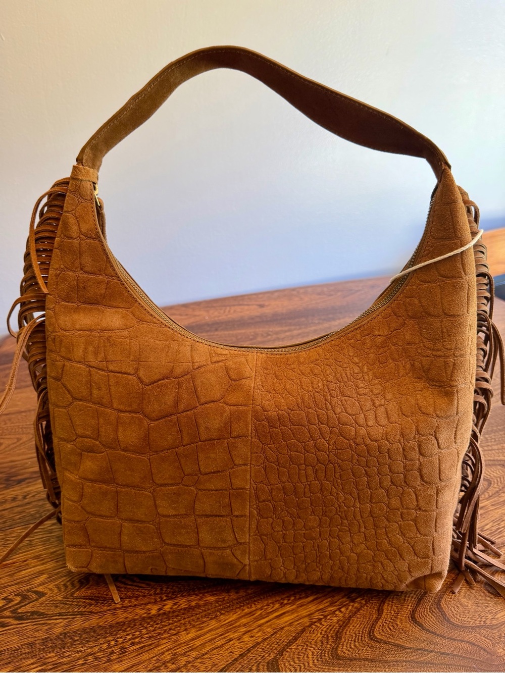Haute Hippie Cognac Suede Croc-Embossed Fringe Hobo Shoulder Bag - Picture 3 of 10